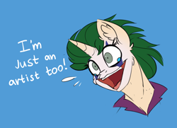 Size: 3440x2492 | Tagged: safe, artist:airfly-pony, oc, oc only, oc:nastich karandasheva, pony, unicorn, blue background, bust, dialogue, female, joker (2019), mare, portrait, simple background, solo, the joker