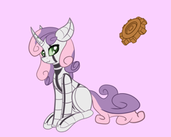 Size: 2000x1600 | Tagged: safe, artist:ybkathan, sweetie belle, sweetie bot, pony, robot, cute, diasweetes, gears, pink background, simple background, sitting, solo