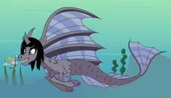 Size: 5410x3103 | Tagged: safe, artist:lightningbolt, derpibooru exclusive, earth pony, fish, pony, siren, .svg available, bubble, carnivore, cloven hooves, curved horn, fangs, fins, fish tail, horn, kellin quinn, male, open mouth, ponified, sirens doing siren things, sleeping with sirens, slit eyes, solo, svg, swimming, underwater, vector