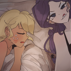 Size: 1280x1279 | Tagged: safe, artist:tcn1205, part of a set, applejack, rarity, human, equestria girls, bed, cute, female, flehmen response, humanized, in bed, jackabetes, kiss mark, lesbian, lipstick, pony coloring, pretty, raribetes, rarijack, selfie, shipping, silly, silly face, sleeping, teeth