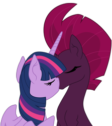 Size: 6424x7202 | Tagged: safe, artist:ejlightning007arts, tempest shadow, twilight sparkle, twilight sparkle (alicorn), alicorn, unicorn, eyes closed, female, lesbian, shipping, simple background, tempestlight, transparent background, vector