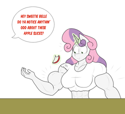Size: 1280x1165 | Tagged: safe, artist:matchstickman, sweetie belle, anthro, unicorn, abs, apple, apple slice, biceps, breasts, clothes, comic, deltoids, dialogue, eating, female, food, levitation, magic, mare, muscle growth, muscles, offscreen character, older, older sweetie belle, pecs, shirt, shocked, simple background, single panel, solo, speech bubble, sweetie barbell, sweetie boobs, table, telekinesis, torn shirt, tumblr comic, tumblr:where the apple blossoms, white background