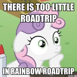 Size: 500x500 | Tagged: safe, sweetie belle, pony, unicorn, rainbow roadtrip, caption, exploitable meme, female, filly, horn, image macro, solo, sudden clarity sweetie belle, text, two toned mane, white coat, wide eyes