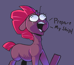 Size: 999x875 | Tagged: safe, artist:sourspot, fizzlepop berrytwist, tempest shadow, pony, unicorn, blank flank, broken horn, derp, dialogue, eye scar, faic, female, horn, majestic as fuck, mare, missing accessory, open mouth, ribs, scar, solo, we don't normally wear clothes