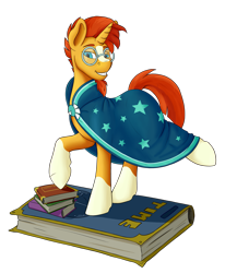 Size: 1647x2000 | Tagged: safe, artist:dexbelae, sunburst, pony, unicorn, book, clothes, glasses, male, raised hoof, raised leg, smiling, solo, stallion