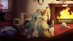 Size: 1280x720 | Tagged: safe, artist:faith-wolff, oc, oc:cuppa joe, oc:princess iridescence, cat, changepony, hybrid, pony, unicorn, coffee mug, crossed hooves, eyes closed, female, fireplace, interspecies offspring, magical lesbian spawn, male, mare, mug, oc x oc, offspring, pandoraverse, parent:cinnamon chai, parent:donut joe, parent:princess celestia, parent:queen chrysalis, parents:chryslestia, parents:cinnamon donut, shipping, snuggling, stallion, straight, unshorn fetlocks