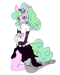 Size: 800x1000 | Tagged: safe, artist:coffeevixxen, oc, oc only, oc:taffy fizzlespark, anthro, earth pony, amputee, anthro oc, automail, clothes, deviantart watermark, female, goggles, mare, obtrusive watermark, prosthetic limb, prosthetics, simple background, steampunk, transparent background, watermark