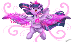 Size: 500x294 | Tagged: safe, artist:vivi04264, twilight sparkle, twilight sparkle (alicorn), alicorn, pony, female, magic, magic aura, mare, open mouth, signature, simple background, solo, spread wings, white background, wings
