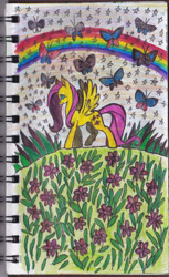 Size: 1268x2075 | Tagged: safe, artist:feuerrader-nmm, fluttershy, butterfly, pegasus, pony, flower, rainbow, solo, traditional art