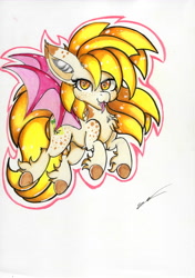 Size: 4920x6972 | Tagged: safe, artist:luxiwind, oc, oc:lemon fang, bat pony, pony, absurd resolution, female, mare, solo, tongue out, traditional art