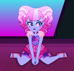 Size: 1120x1080 | Tagged: safe, screencap, kiwi lollipop, better together, equestria girls, sunset's backstage pass!, choker, clothes, cropped, feet, female, k-lo, kneeling, legs, sad, sandals, skirt, solo, stage