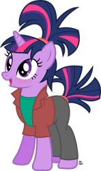 Size: 1057x1790 | Tagged: safe, artist:anime-equestria, twilight sparkle, pony, unicorn, 80s, alternate hairstyle, blushing, clothes, cute, female, hairband, happy, jacket, mare, open mouth, shirt, simple background, solo, transparent background, twiabetes, vector