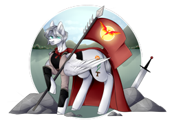 Size: 2700x2000 | Tagged: artist needed, safe, oc, oc only, oc:light knight, pegasus, phoenix, pony, flag, pegasus oc, sword, weapon