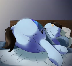 Size: 3500x3200 | Tagged: safe, alternate version, artist:wolftendragon, edit, oc, oc only, earth pony, pony, robot, android, bed, butt, connor, crossover, detroit: become human, dock, featureless crotch, floppy ears, male, on bed, pillow, plot, ponified, rk800, sfw edit, sleeping, solo, stallion, underhoof