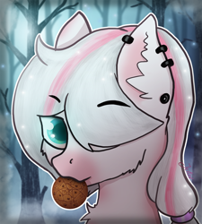 Size: 1200x1336 | Tagged: safe, artist:jesterpi, oc, oc:aura, pony, blue eyes, cookie, dark, dark forest, food, forrest, glow, mane over eyes, piercing, pink, profile picture, spooky