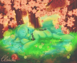 Size: 1024x835 | Tagged: safe, artist:clarichi, oc, oc:lotus, original species, pond pony, cherry blossoms, flower, flower blossom, sleeping, solo, tree