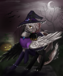 Size: 816x979 | Tagged: safe, artist:breadpande, oc, oc only, bat, clothes, commission, costume, halloween, halloween costume, hat, holiday, jack-o-lantern, moon, mouth hold, night, pumpkin, solo, tree, witch hat