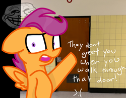 Size: 1222x954 | Tagged: safe, artist:rainbow eevee, scootaloo, pegasus, pony, angry, dialogue, female, filly, highschool, looking at you, meme, pointing, reno high school, solo, trollface