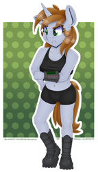 Size: 4000x7000 | Tagged: safe, alternate version, artist:partylikeanartist, oc, oc only, oc:littlepip, anthro, unicorn, fallout equestria, absurd resolution, belly button, boots, boxers, bra, clothes, combat boots, fallout, fanfic, fanfic art, female, hand, horn, mare, pipbuck, shoes, simple background, solo, sports bra, stomach, tomboy, underwear, underwear edit