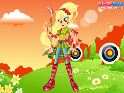 Size: 800x600 | Tagged: safe, artist:user15432, applejack, human, equestria girls, friendship games, archer, archery, arrow, boots, bow (weapon), bow and arrow, clothes, dressup game, flower, headband, high heel boots, ponied up, shoes, sporty style, starsue, target, weapon