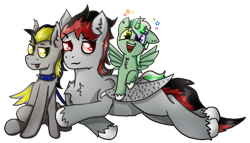 Size: 1500x860 | Tagged: safe, artist:jesterpi, oc, oc only, oc:broken flare, oc:jester pi, oc:silver haste, dracony, dragon, hybrid, pegasus, pony, vampire, vampony, 2020 community collab, collar, cute, derpibooru community collaboration, ear down, family, fluffy, friends, glow, happy, horn, joy, leash, lying down, male, party, pony pet, red and black oc, simple background, sitting, size difference, smiling, smirk, spiked collar, together, tongue out, transparent background, wings