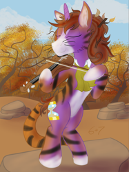 Size: 1460x1956 | Tagged: safe, artist:sixes&sevens, big cat, tiger, unicorn, blaze (coat marking), clothes, costume, cravat, dirty, doctor who, eighth doctor, eyes closed, leaves, messy mane, musical instrument, outdoors, rock, smiling, tree, twig, violin