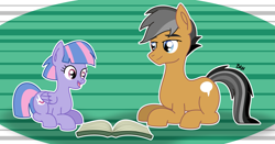 Size: 3397x1778 | Tagged: safe, artist:banquo0, quibble pants, wind sprint, earth pony, pegasus, pony, common ground, bonding, book, cute, duo, family, father and child, father and daughter, female, filly, foal, green background, male, parent and child, prone, simple background, sitting, stallion