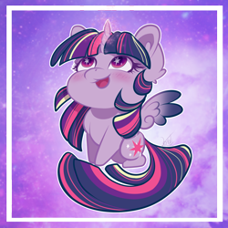 Size: 2000x2000 | Tagged: safe, artist:cloud-dash, artist:vera-li, twilight sparkle, twilight sparkle (alicorn), alicorn, pony, abstract background, blushing, chibi, cutie mark, ear fluff, female, glowing horn, horn, looking up, mare, open mouth, rainbow power, sitting, solo, spread wings, starry eyes, wingding eyes, wings
