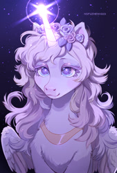 Size: 1320x1953 | Tagged: safe, artist:nsfwzhenya, oc, oc only, oc:crescent, alicorn, pony, alicorn oc, eyeshadow, female, flower, flower in hair, glowing horn, horn, lens flare, makeup, mare, night, peytral, smiling, solo, starry eyes, stars, wingding eyes