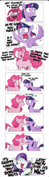 Size: 490x1759 | Tagged: source needed, safe, artist:shoutingisfun, derpibooru import, edit, pinkie pie, rarity, twilight sparkle, twilight sparkle (alicorn), alicorn, earth pony, pony, unicorn, alcohol, beer, chubbie pie, comic, cup, darling shits, drunk, drunk rarity, female, flapping wings, freaked out, friday night, fuck you, inappropriate censoring, joke, kissing, lesbian, prank, shipping, spread wings, twinkie, vulgar, wine, wingboner, wings, world war iii, wtf