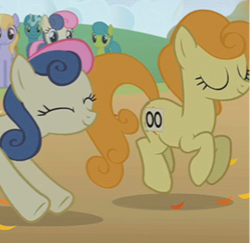 Size: 338x328 | Tagged: safe, screencap, bon bon, carrot top, cloud kicker, golden harvest, lemon hearts, pokey pierce, sweetie drops, pony, fall weather friends, amused, animation error, background pony, background pony audience, bon bon is amused, clones, cropped, cute, eyes closed, female, mare, missing horn, running of the leaves, self ponidox, smiling, stretching, trotting, trotting in place