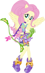 Size: 703x1137 | Tagged: safe, artist:sugar-loop, fluttershy, equestria girls, friendship games, archery, arrow, bow (weapon), bow and arrow, box art, clothes, looking at you, ponied up, simple background, solo, sporty style, transparent background, vector, weapon, wings