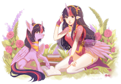 Size: 1600x1115 | Tagged: dead source, safe, artist:yan-sh, twilight sparkle, twilight sparkle (alicorn), alicorn, human, pony, book, curved horn, elf ears, female, horn, horned humanization, human ponidox, humanized, mare, self ponidox, simple background, unshorn fetlocks