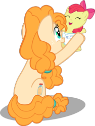 Size: 7218x9600 | Tagged: safe, artist:mrkat7214, apple bloom, pear butter, earth pony, pony, absurd resolution, adorabloom, apple bloom's bow, baby apple bloom, baby pony, bow, cute, diaper, duo, female, foal, hair bow, mare, mother and child, mother and daughter, parent and child, pearabetes, playing, simple background, transparent background, vector, younger