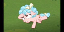 Size: 1440x720 | Tagged: safe, screencap, cozy glow, pegasus, pony, the ending of the end, bow, cozybuse, curly hair, cutie mark, defeated, female, filly, floppy ears, foal, freckles, gritted teeth, hair bow, leak, loser, solo, spread wings, tail bow, wings