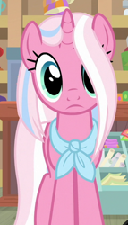 Size: 378x662 | Tagged: safe, screencap, clear sky, pony, unicorn, common ground, cropped, cute, cute sky, female, hair over one eye, looking at you, mare, neckerchief