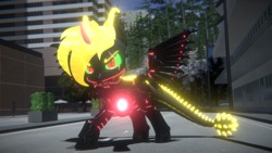 Size: 3840x2160 | Tagged: safe, artist:phoenixtm, oc, oc:phoenix stardash, dracony, hybrid, 3d, angry, blender, city, colored horn, curved horn, cyborg dracony, dracony alicorn, ethereal mane, halloween, holiday, horn, looking at you, minigun, sombra eyes, sombra horn, weapon