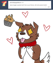 Size: 600x710 | Tagged: safe, artist:askwinonadog, winona, dog, ask, ask winona, cupcake, dog treat, food, heart, peanut butter, simple background, solo, starry eyes, tongue out, tumblr, white background, wingding eyes