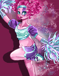 Size: 3316x4207 | Tagged: safe, artist:mrrowerscream, pinkie pie, equestria girls, abstract background, belly button, female, high res, pinkie puffs, pom pom, roller skates, solo