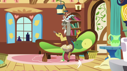 Size: 1280x720 | Tagged: safe, screencap, discord, draconequus, keep calm and flutter on, bird house, book, coach, eating, eyes closed, fluttershy's cottage, fork, male, pillow, solo