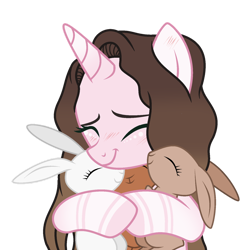 Size: 1024x1030 | Tagged: safe, artist:cindydreamlight, oc, oc:cindy, pony, rabbit, unicorn, female, hug, mare, simple background, solo, transparent background