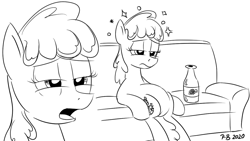 Size: 1200x675 | Tagged: safe, artist:pony-berserker, berry punch, berryshine, earth pony, pony, pony-berserker's twitter sketches, black and white, bottle, drunk, drunk bubbles, female, grayscale, i can't believe it's not idw, implied drinking, mare, monochrome, signature, simple background, sitting, sketch, sofa, white background