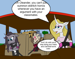 Size: 1379x1080 | Tagged: safe, artist:8aerondight8, fhtng th§ ¿nsp§kbl, oleander, classical unicorn, unicorn, them's fightin' herds, :t, car, cloven hooves, community related, crossed arms, driving, floppy ears, fred, it's not a phase, lidded eyes, looking down, pouting, seatbelt, speech bubble, steering wheel, unicornomicon, unshorn fetlocks