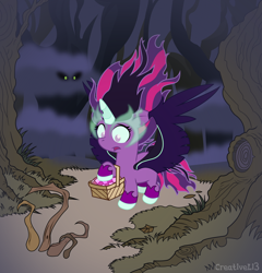 Size: 2084x2168 | Tagged: dead source, safe, artist:creativeli3, midnight sparkle, sci-twi, twilight sparkle, pony, equestria girls, basket, equestria girls ponified, female, filly, fog, hoof hold, little red riding hood, picnic basket, ponified, solo