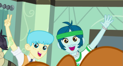 Size: 665x359 | Tagged: safe, screencap, bright idea, captain planet, cranky doodle donkey, equestria girls, friendship games, background human, male, offscreen character, right there in front of me, smiling