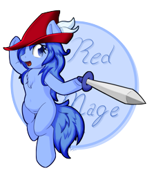 Size: 1926x2129 | Tagged: safe, artist:icy wings, oc, oc only, oc:frost soar, pony, feather, hat, red mage, simple background, sword, transparent background, weapon