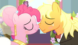 Size: 1024x596 | Tagged: safe, artist:missxxfofa123, applejack, applejack (male), pinkie pie, earth pony, pony, a canterlot wedding, alternate hairstyle, alternate universe, applepie, applepie (straight), base used, boop, canterlot, clothes, dress, eyes closed, female, half r63 shipping, male, marriage, nose to nose, noseboop, rule 63, shipping, straight, tuxedo, wedding, wedding dress, wedding suit