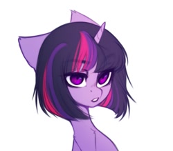 Size: 719x629 | Tagged: safe, artist:shenki, twilight sparkle, pony, unicorn, alternate hairstyle, bob cut, bust, ear fluff, eyebrows visible through hair, female, mare, portrait, short hair, simple background, solo, white background