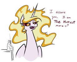 Size: 617x501 | Tagged: safe, artist:jargon scott, daybreaker, alicorn, pony, candle, dialogue, fangs, female, innuendo, literal, mane of fire, mare, missing accessory, open mouth, simple background, solo, white background