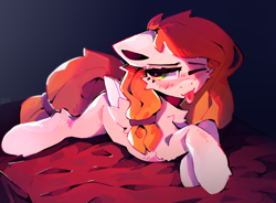 Size: 3500x2579 | Tagged: safe, artist:dino_horse, oc, oc only, oc:amity point, pegasus, pony, bed, female, folded wings, lying on bed, mare, not pear butter, solo, tongue out, wings